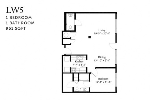 Floor plan for 1 bed, 1.5 baths, 761 sqft